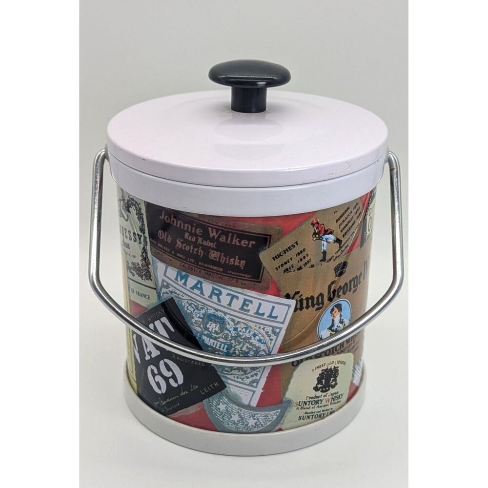 Vintage Metal Ice Bucket With Numerous Whisky Label Exterior Design